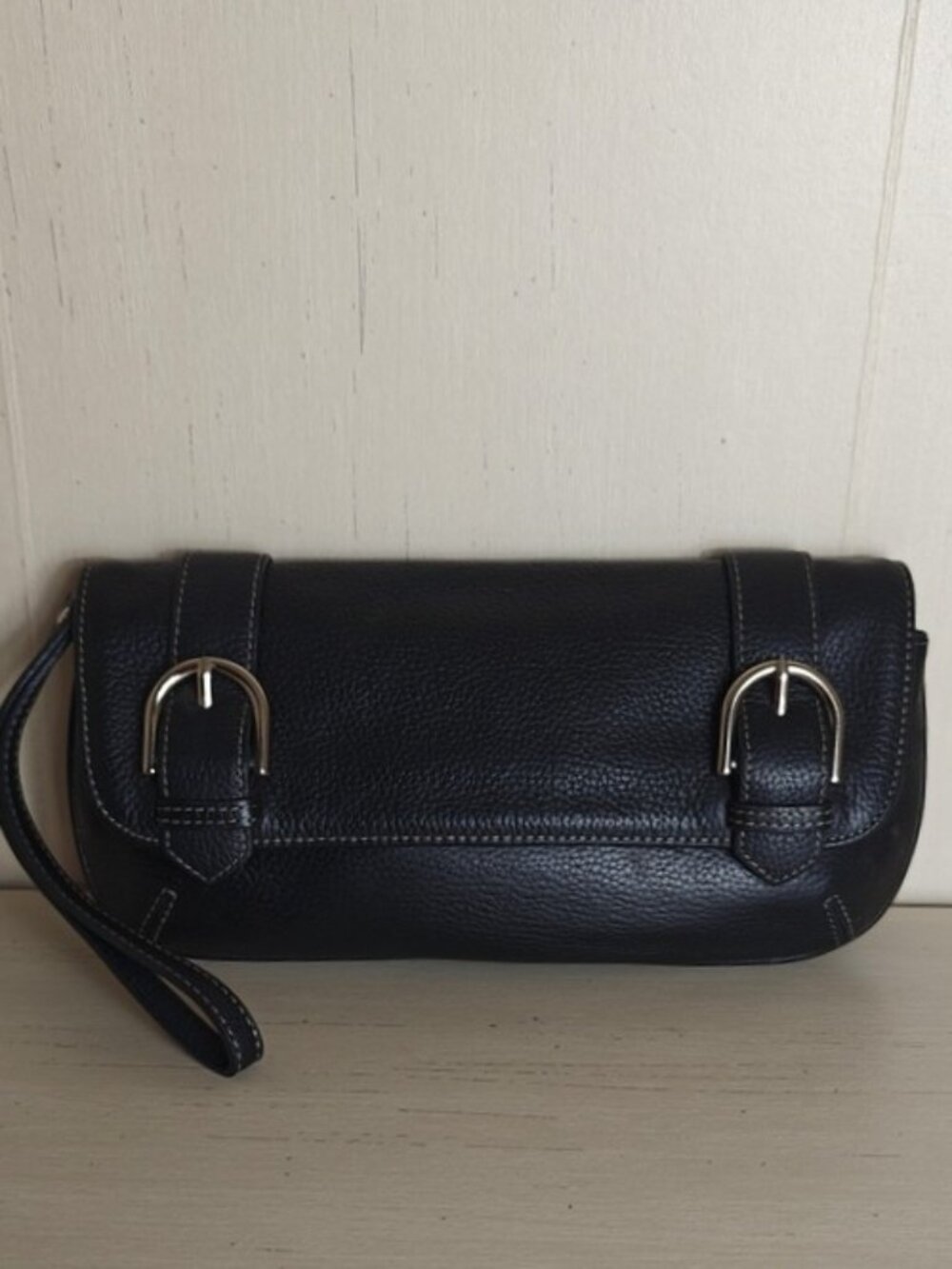 LOFT Flap Clutch Black Pebble Leather Whimsigoth Buckle Accents